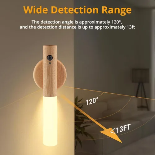 Vista 4 de Luces nocturnas con sensor de movimiento de madera LANDGOO Aplique de pared con pilas inalámbrico recargable LED para pasillo de cuerpo magnético