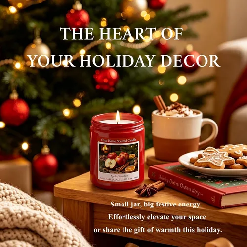 Vista 6 de Homsolver Vela perfumada de canela de manzana de 7 onzas, vela navideña para otoño, invierno y Navidad para el hogar, mezcla de cera de soja de coco