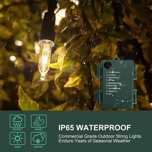 Vista 6 de Luces de Navidad a pilas, paquete de 2 mini tiras de 50 luces LED de 17 pies con 8 modos de temporizador automático, luces de árbol impermeables