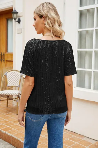 Vista 4 de JASAMBAC Blusas de lentejuelas para mujer, manga corta, un hombro, sueltas, sexy, brillantes, para fiesta, vacaciones, club, noche, blusas