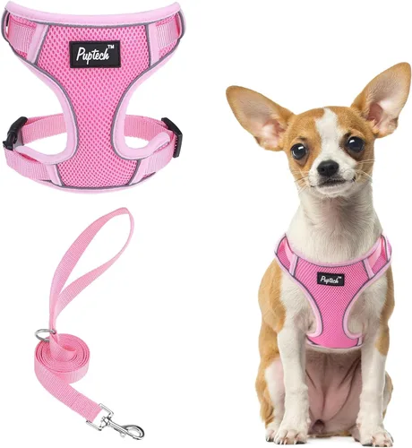 Vista 35 de PUPTECK Juego de arnés y correa para perro pequeño, arnés ajustable sin tirones para cachorro, chaleco de malla suave reflectante para mascotas