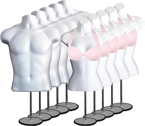 Vista 17 de Maniquí de torso masculino y femenino con soporte de metal, cuerpo con respaldo hueco, apilable, forma de vestido para exhibición de camisetas Negro