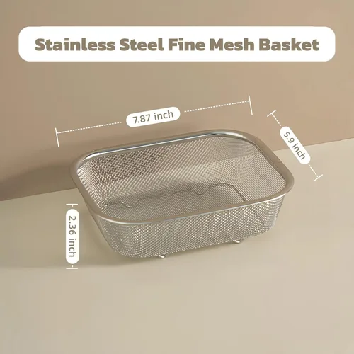 Vista 2 de Cesta coladora de malla fina de acero inoxidable 18/8 con pies, colador rectangular para verduras, frutas, pasta, fideos, inoxidable, duradera