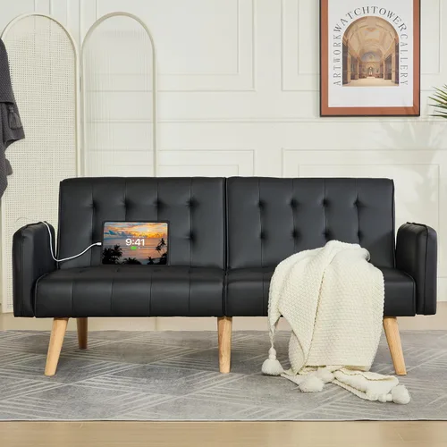Vista 3 de TYBOATLE Sofá Cama Futón Plegable Convertible de Cuero Sintético de 65'' con 2 USB, Sofá de Dos Plazas para Espacios Pequeños, Apartamento