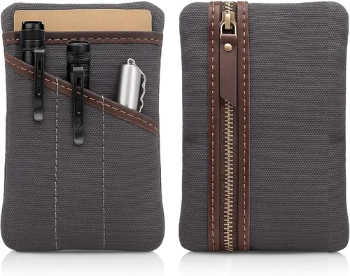 Vista 9 de Organizador de bolsillo EDC de lona encerada para hombres, bolsa de bolsillo trasero multiherramienta para teléfono/portátil, bolígrafo