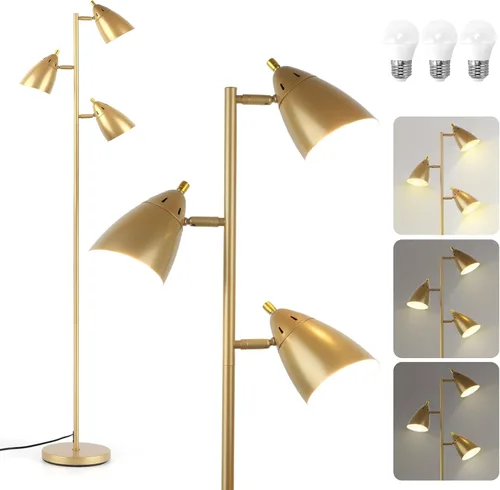 Vista 13 de Lámpara de pie estilo árbol para sala de estar, lámpara de pie industrial de 3 luces con 3 bombillas LED, cabezas giratorias ajustables, lámpara