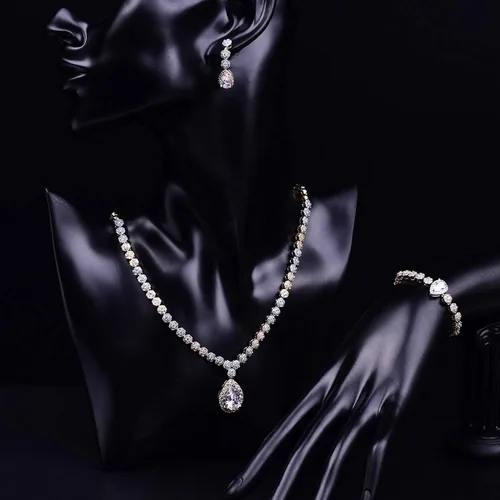 Vista 5 de Hadskiss - Juego de joyas, collar y aretes colgantes, chapado en oro blanco con circonia cúbica blanca AAA, joyería para bodas y fiestas