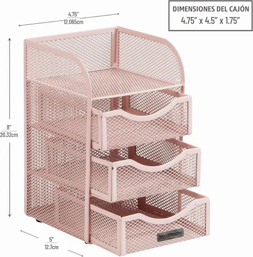 Vista 3 de Mind Reader Almacenamiento de accesorios de escritorio, cesta con clip para carpeta de papel, espacio de trabajo, oficina, malla metálica, 4.75 Rosa