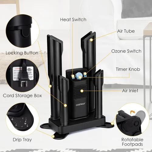 Vista 8 de COSTWAY Secador de botas, secadora de zapatos con temporizador de 180 minutos y soplador de calefacción, desinfección con ozono, diseño extensible