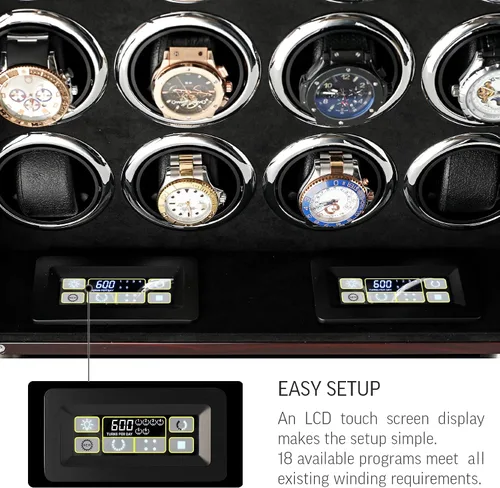 Vista 5 de Bobinadora de 12 relojes para relojes automáticos con luz LED y control de pantalla táctil LCD, Ébano + Negro, Compacto