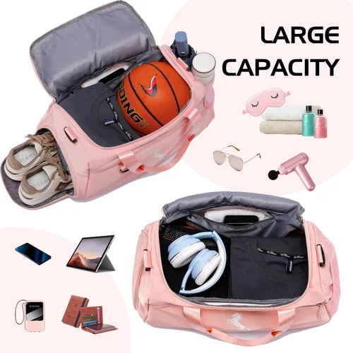 Vista 3 de Marengo Bolsa de gimnasio para mujeres y hombres, bolsa de viaje ligera con compartimento para zapatos y húmedos, para viajes, deportes, baile, yoga