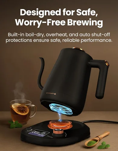 Vista 7 de Vianté - Hervidor Eléctrico de Cuello de Cisne con Control Preciso de Temperatura. Hervidor para Café y Té de Goteo. Protección Contra Hervir hasta
