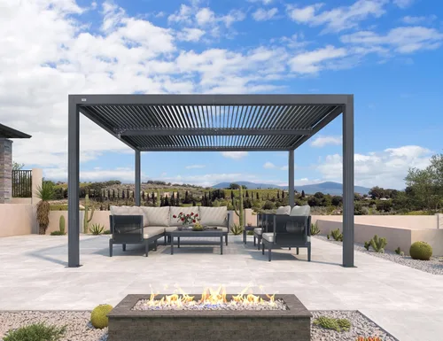 Vista 2 de PURPLE LEAF - Pérgola con listones de 10 x 12 pies, sistema de drenaje 94AS para patio, color gris Premium All-Aluminum Rustproof Build, Modern
