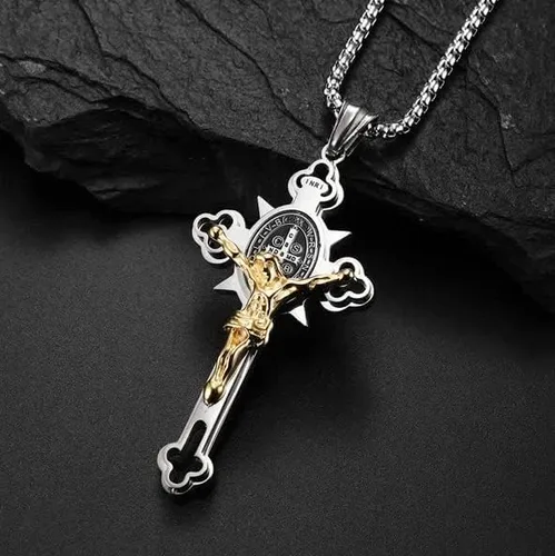 Vista 5 de JISAAN ST.Benedict - Collar con colgante de poder cruzado de protección, collar de medalla de protección de San Benito, collar de crucifijo de acero