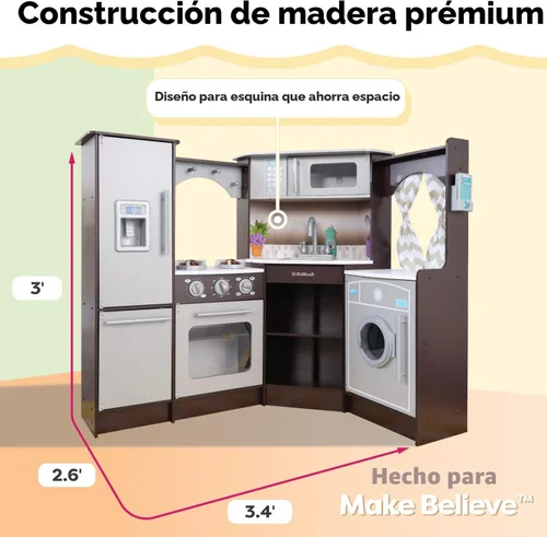 Vista 3 de KidKraft Ultimate - Cocina de esquina de madera con luces y sonidos, teléfono de juego y cortinas, Espresso, regalo para niños de 3 años en adelante