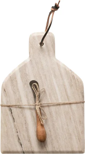 Vista 2 de Creative Co-Op Juego de 2 tablas de cortar y queso de mármol con asa, corbata de cuero y cuchillo canapé, pulidor