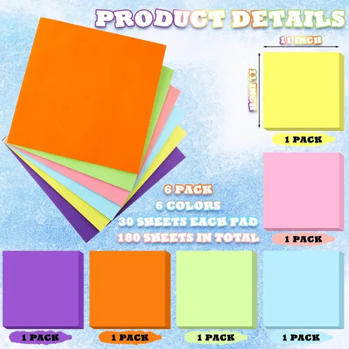 Vista 3 de Notas adhesivas grandes de 11 x 11 pulgadas, papel adhesivo grande, 6 colores surtidos, bloc de notas para cuaderno de pared, oficina, rosa