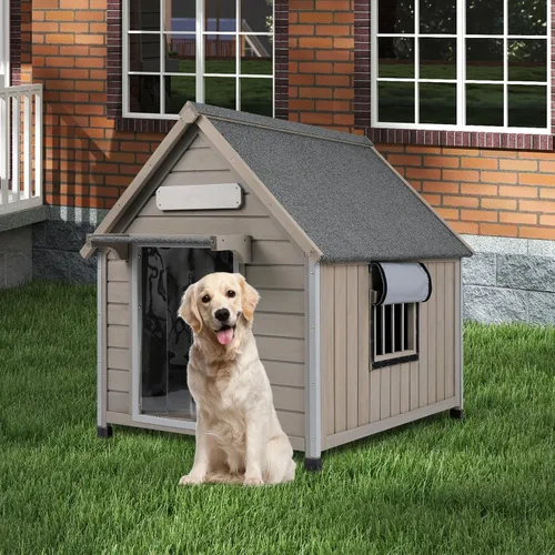 Vista 11 de Gowoodhut Casa para perros al aire libre, resistente a la intemperie, gran perrera de madera para interiores para perros pequeños con marco a prueba
