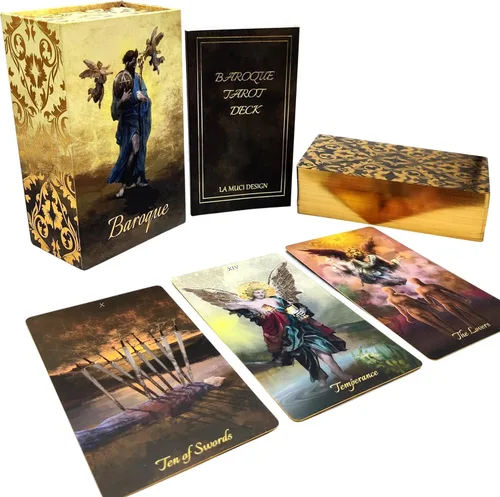 Vista 8 de La Muci Tarot barroco de lámina dorada - Baraja de 78 cartas con guía para principiantes, bordes dorados y obras de arte únicas