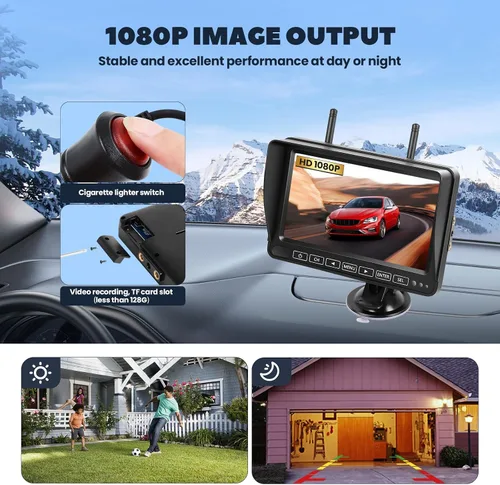 Vista 4 de Cámara de respaldo inalámbrica con monitor de 7 pulgadas, sistema de cámara de respaldo RV 1080P con grabación de video, cámaras de visión trasera