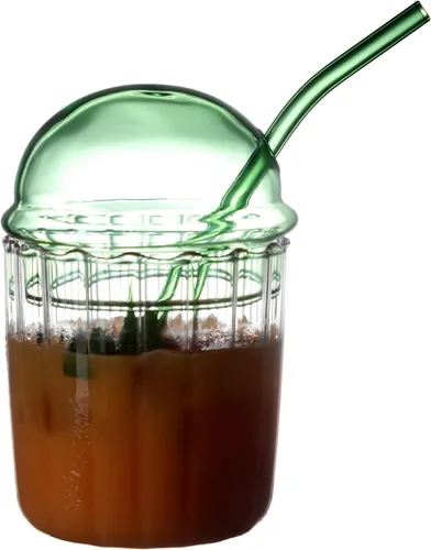 Vista 12 de TITA-DONG Lindos vasos para beber con tapa de cúpula y pajilla, vasos reutilizables de boca ancha para batidos de 15 onzas, vaso de vidrio para café