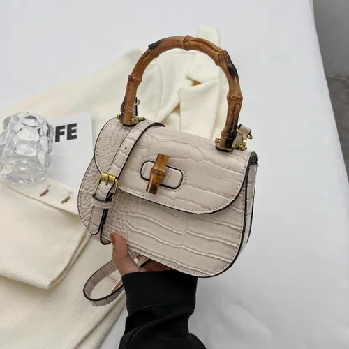Vista 3 de Bolso de mano de cuero artificial de bambú con asa superior para mujer, elegante bolso de noche, regalo para mujer, hecho a mano