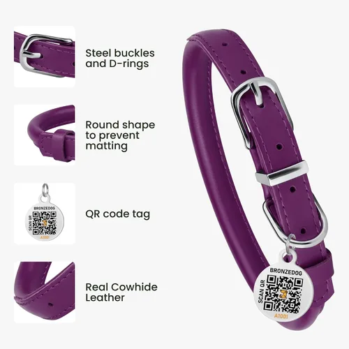 Vista 3 de Collar de perro de cuero enrollado, etiqueta QR, antienredos