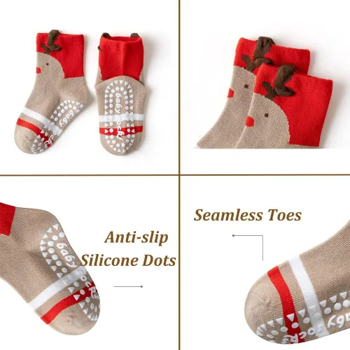 Vista 3 de SUITBOY Calcetines de Navidad para niños, calcetines antideslizantes para bebés, regalos coloridos de Navidad para niños y niñas, calcetines cálidos