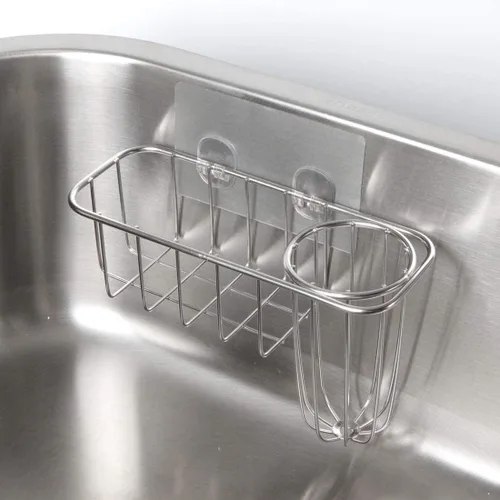 Vista 2 de HULISEN Soporte de esponja 3 en 1 para fregadero de cocina con soporte para cepillo de platos, organizador de acero inoxidable para jabón, fregador