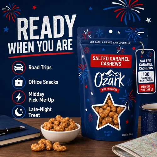 Vista 3 de OZARK NUT ROASTERS Anacardos de caramelo salado, aperitivo gourmet de nueces confitadas, sin gluten, sal marina y anacardos glaseados con caramelo