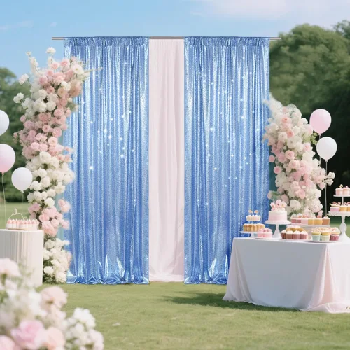 Vista 4 de PartyDelight Cortinas de fondo de lentejuelas color azul bebé, 2 paneles de 2 x 8 pies, alta densidad de 0.118 in, fondo de lentejuelas brillantes