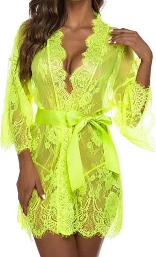 Vista 2 de Avidlove - Kimono de encaje para mujer, bata babydoll, camisón de malla para lencería de talla S-5XL