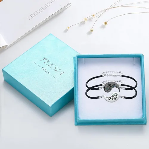 Vista 7 de Yin Yang - Pulsera de plata de ley 925 para parejas, árbol de la vida, luna de sol, montaña, abulón de loto, joyería para mujeres, hombres, parejas