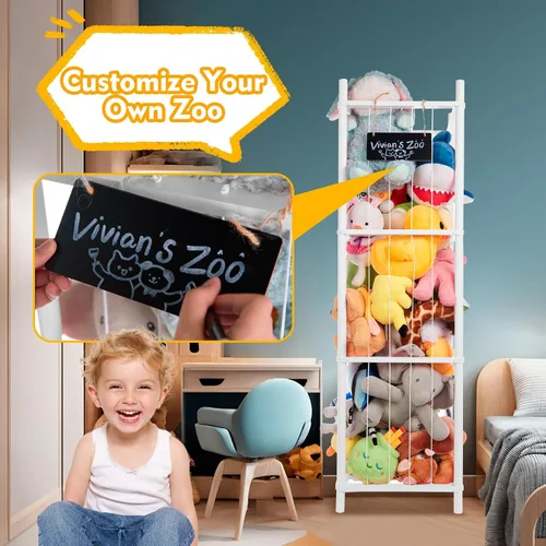 Vista 7 de Organizador grande de almacenamiento de animales de peluche, zoológico de almacenamiento de animales de peluche de madera, soporte para juguetes