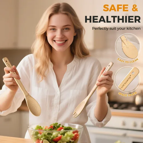 Vista 13 de Cucharas de madera para cocinar, juego de utensilios de cocina, 6 cucharas de madera de bambú y espátula utensilios de cocina