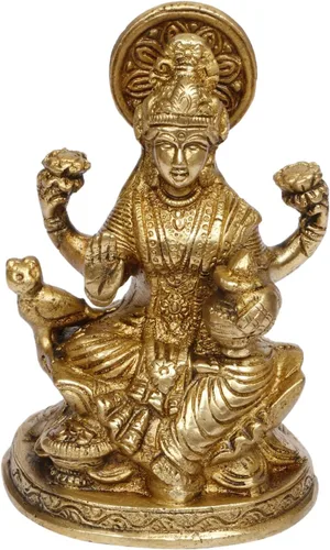 Vista 2 de ARTVARKO Laxmi Mata Blessing Sentado en Lotus con Kalash y Owl Brass Murti (5 pulgadas)