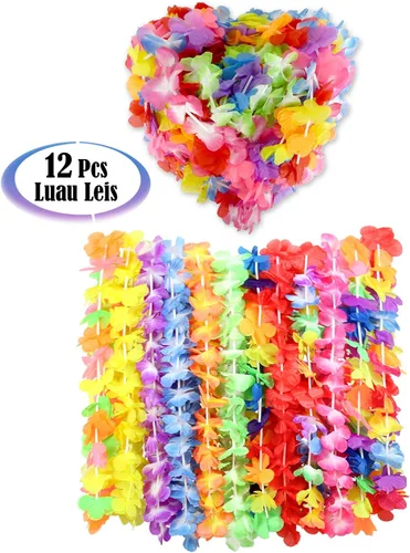 Vista 4 de AnapoliZ Luau Leis - Juego de 12 piezas Collar hawaiano Leis Decoraciones de fiesta Luau Leis para fiesta temática Luau Collar de flores Lei