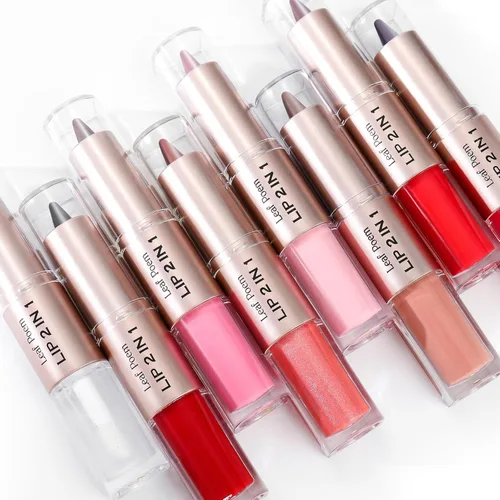 Vista 32 de BAISEN DIARY 2 en 1 doble punta mate delineador de labios y brillo de labios, lápiz combinado de labios marrón nude degradado, delineador de labios