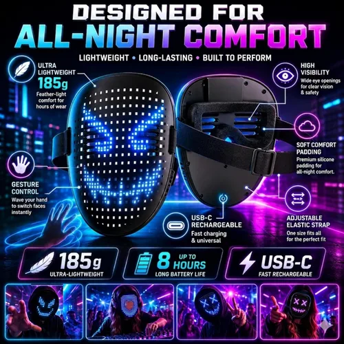 Vista 3 de LED Face Mask for Kids & Adults Gesture Sensing Light Up Mask Digital Halloween Costume Cosplay Mask