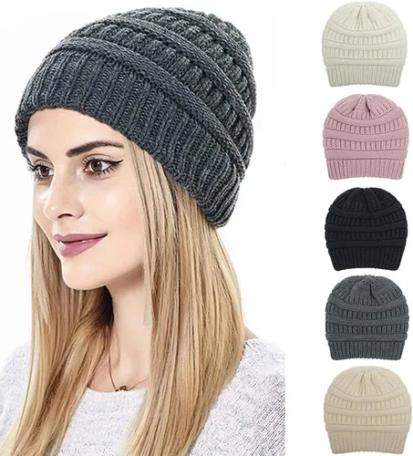 Vista 7 de Gorro de invierno para mujer, sombrero de protección para el cabello, gorro de punto cable suave, gorro de nieve con forro de satén para mujer