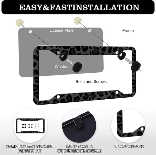 Vista 3 de Marcos para placa de matrícula con estampado de leopardo negro, paquete de 2 fundas de aluminio con estampado de animales negros, marcos