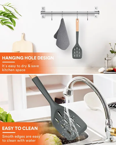 Vista 6 de Espátula de silicona antiadherente, borde flexible antiarañazos para sartenes, mango de madera cómodo antideslizante, resistente al calor, espátulas