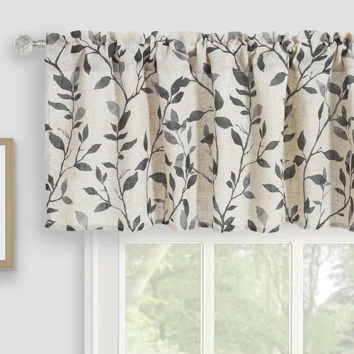 Vista 16 de Cenefa de cocina de lino, cenefas de cortina con estampado de hojas de árbol para baño, dormitorio, sala de estar, decoración de granja con bolsillo