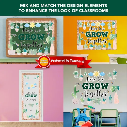 Vista 6 de Decorably 53 piezas de recortes inspiradores de cactus con bordes – Cartulina laminada brillante We Grow Together Decoración de aula para pasillos