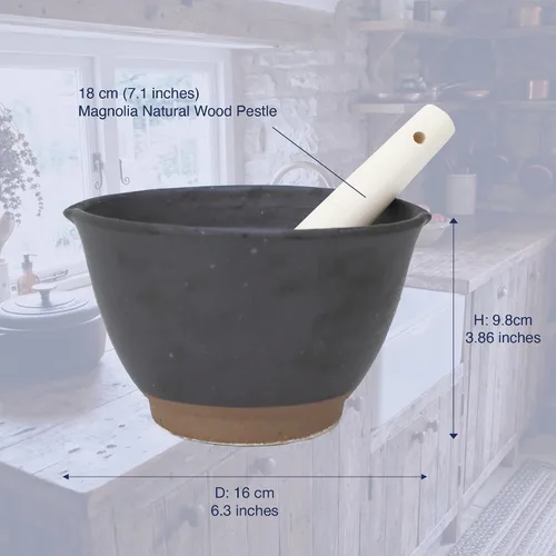 Vista 2 de Asayu Japanese Ceramic Black Mortar Bowl with Wooden Pestle 6.3 in (160 mm), Made in Japan Dishwasher and Microwave Safe Ripple Ridge Suribachi and