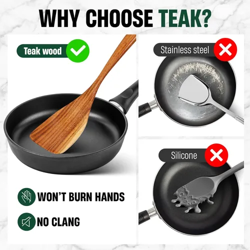 Vista 5 de Bkiok Cucharas de madera para cocinar, juego de utensilios de cocina de madera de teca natural para sartenes antiadherentes, espátula de madera