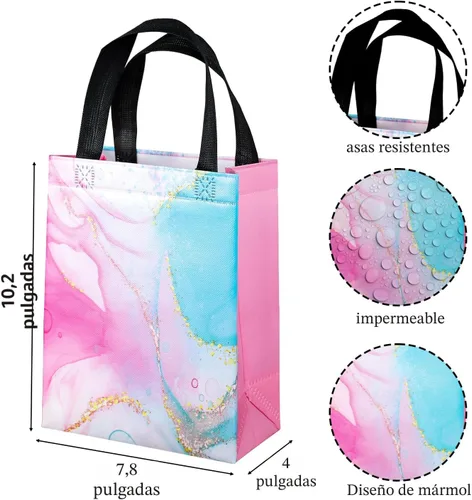Vista 2 de 18 bolsas de regalo medianas reutilizables con asas, 10.2 x 7.8 x 4 pulgadas, bolsas de regalo de mármol colorido con pañuelos para fiestas