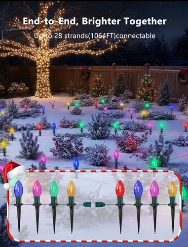 Vista 5 de 11.58m luces LED multicolor para camino de Navidad, 25 luces multicolor extensibles resistentes al clima para camino de Navidad con bombillas LED C9