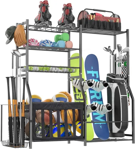 Vista 9 de Heavy Duty Garage Sports Equipment Organizer, All-in-One Golf Bag Storage Rack & Multi-Sport Ball Holder for Basketballs, Bats & Kids Toys