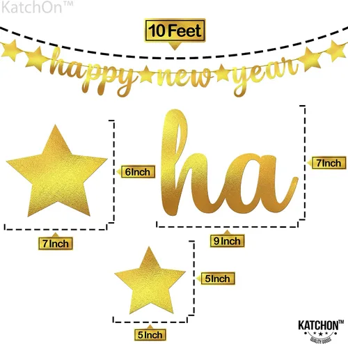 Vista 4 de KatchOn, Pancarta de Feliz Año Nuevo de Oro Brillante - 3.05 metros, Pre - Enhebrado Telón de Fondo de Feliz Año Nuevo para Decoraciones de Año